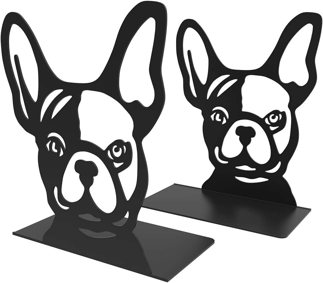 Decorative Bookends, French Bull Dog Book Ends for Home, Office, Library & Bookshelf Decor, Unique Black Metal Book Ends for Organizing Heavy Books