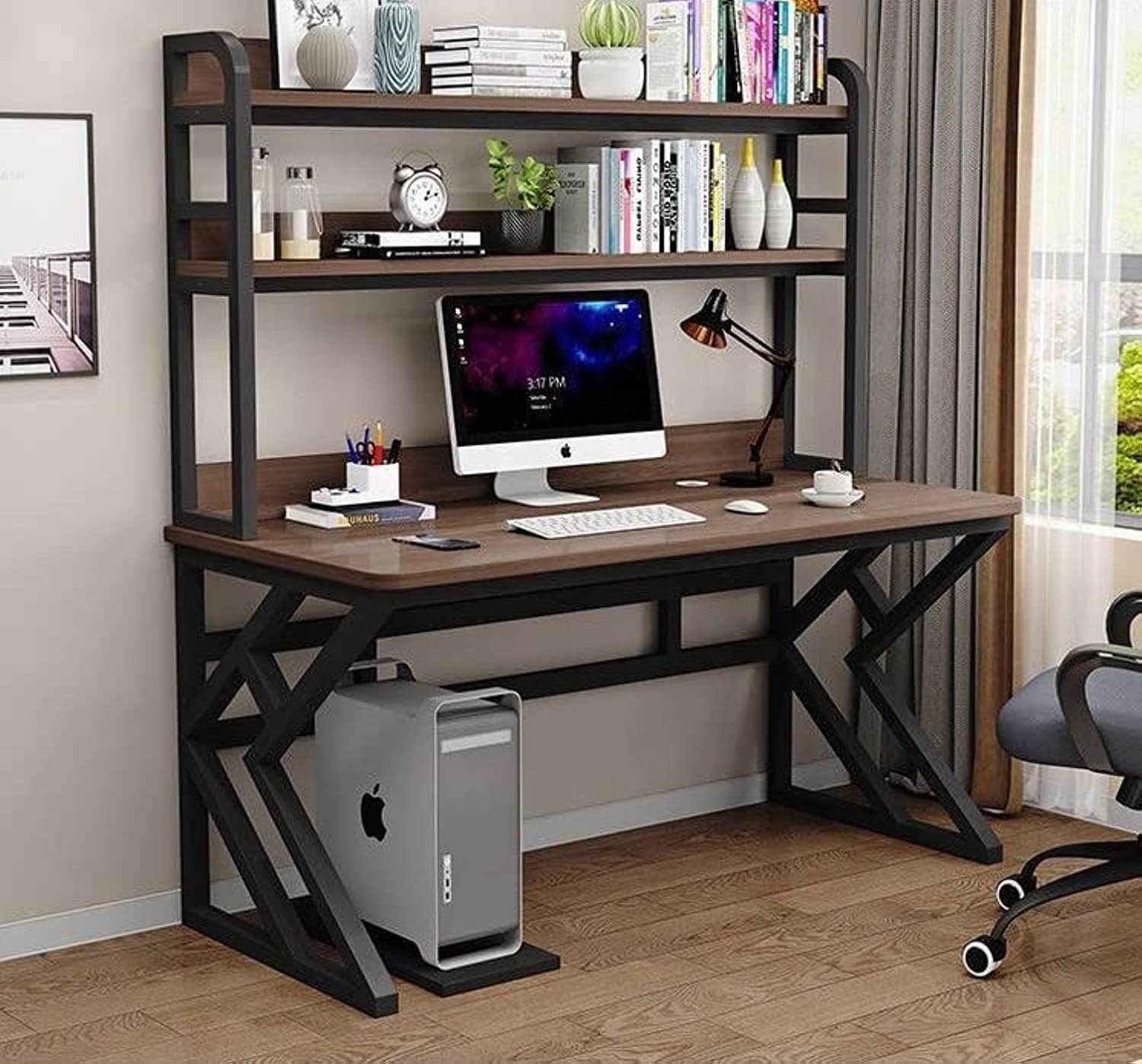 Modern Industrial Computer Desk with Storage Shelves - Brown Wood & Metal Office Table