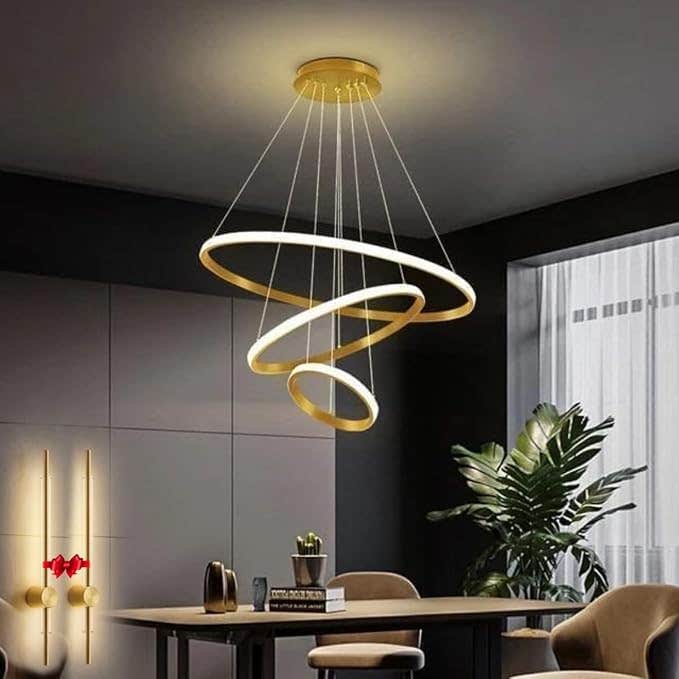 Luxury Gold LED Chandelier Set with 3 Rings & 2 Wall Appliques