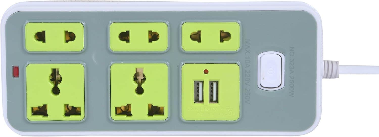 Generic Multi-Output Power Strip with 2 USB Ports - 2500W, 7 Outlets