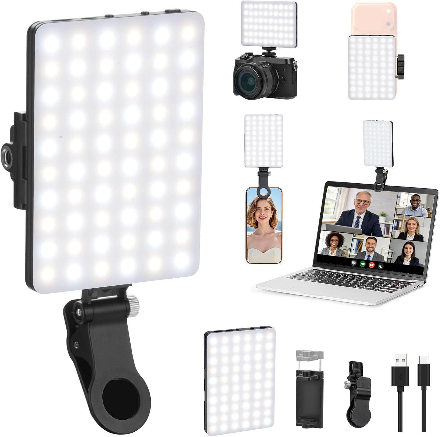 Newmowa 60 LED Rechargeable Clip Fill Light - 3 Light Modes - Phone, iPhone, Android - Makeup, Selfie, Vlog