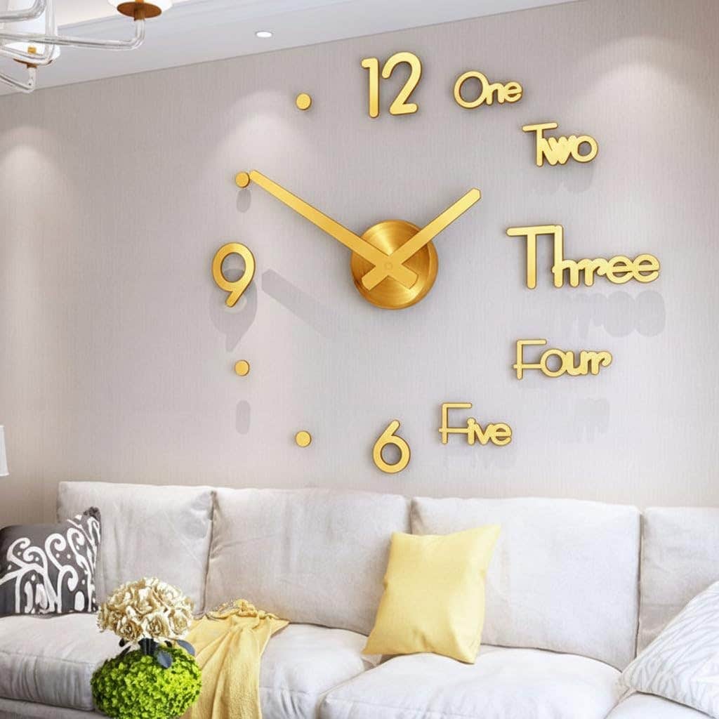 Home Gallery 3D Wood Wall Clock - Gold, Mix Numbers, Dots - 120 cm