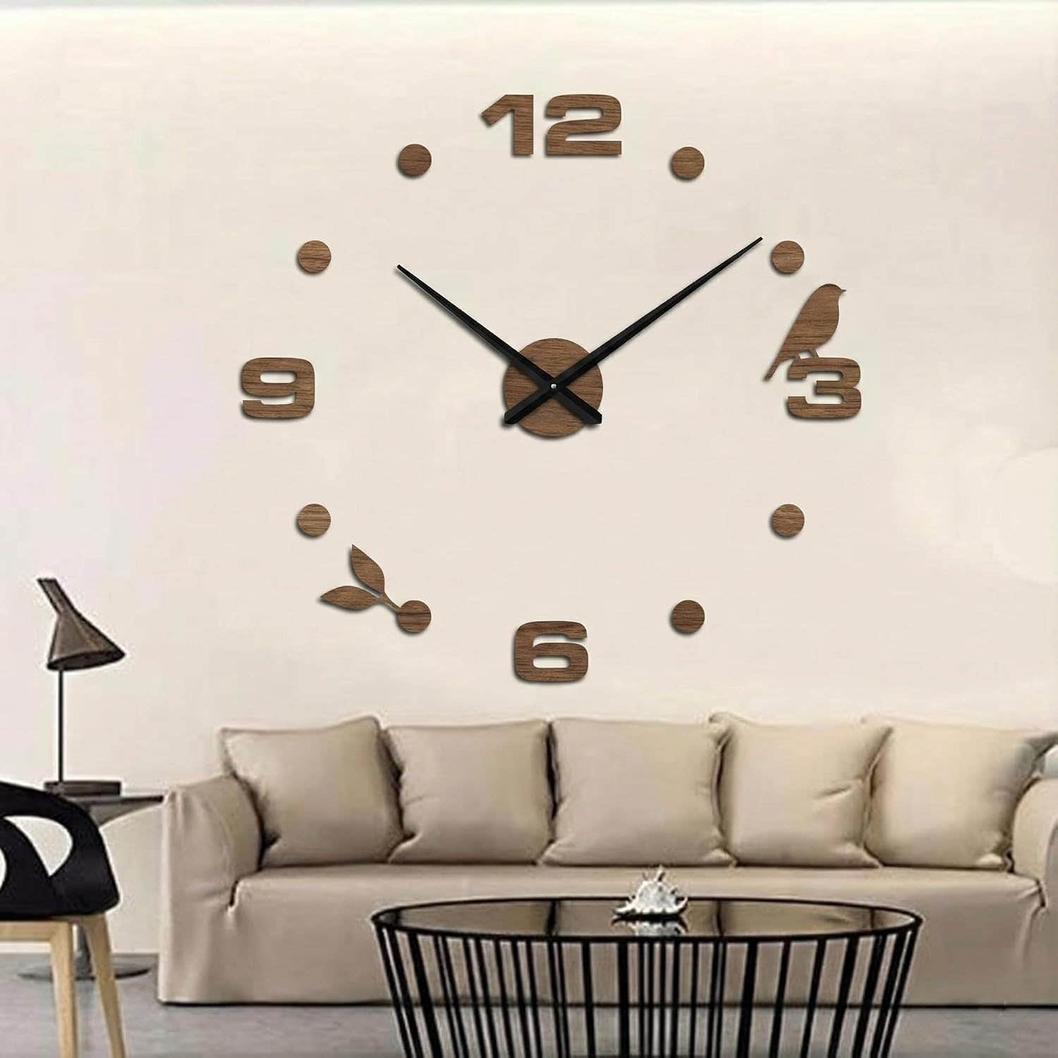 Modern Brown Wood Wall Clock 3D with Bird Detail - 120cm