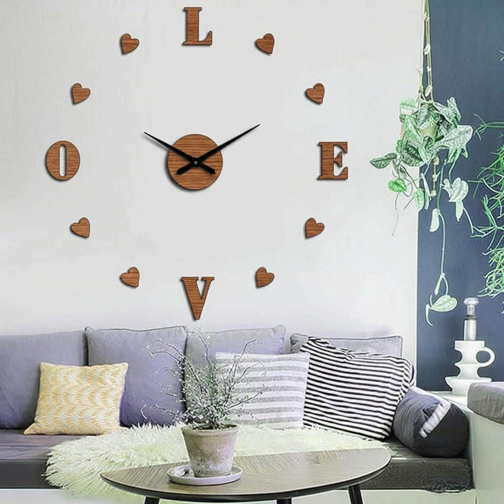 Large Brown Wood Wall Clock Love Hearts - 80cm Dimensions