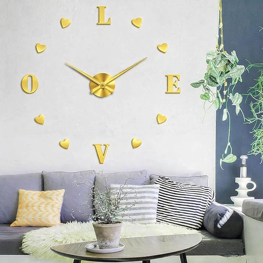 Large Gold Wooden Wall Clock - Love Hearts Design - 80 cm
