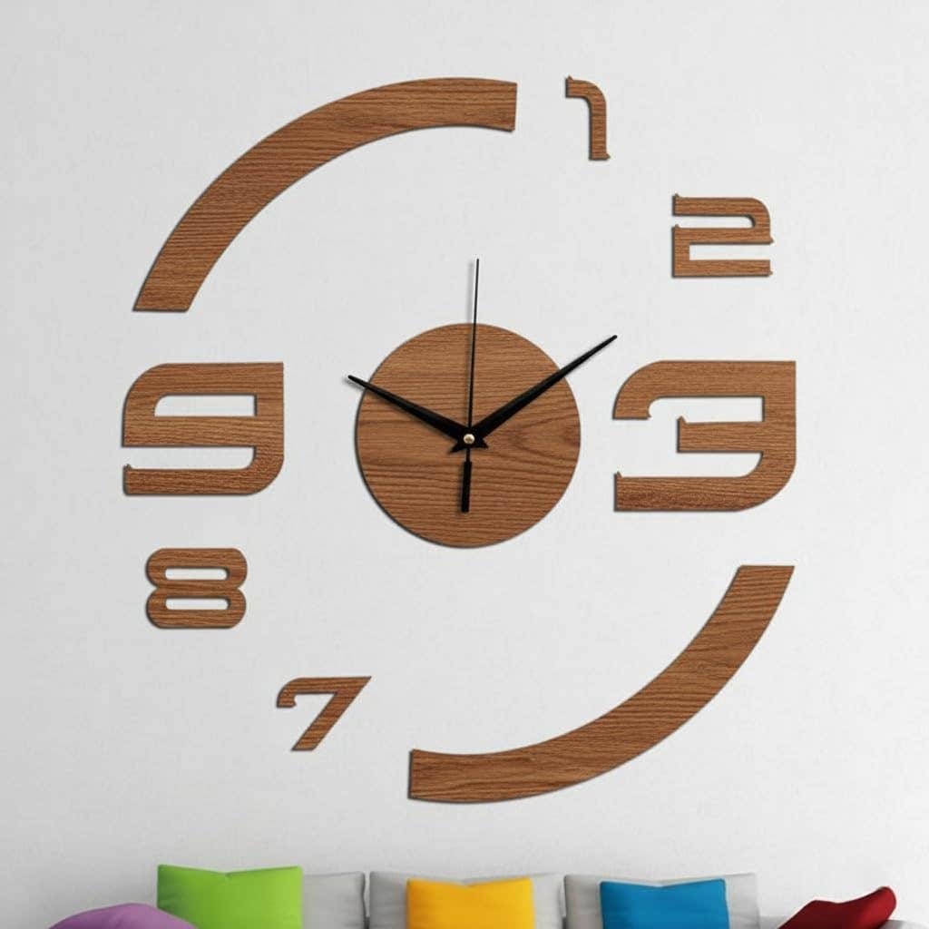 Modern Brown Wood Wall Clock Sticker - Futuristic Circle Design - 120 cm
