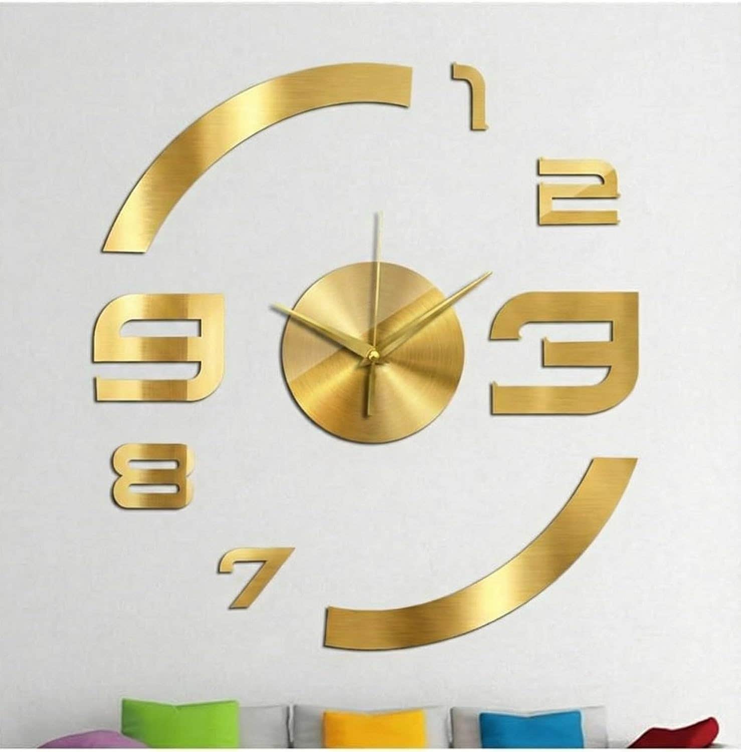 Modern Gold Wood Wall Clock Sticker - Futuristic Circle Design - 120 cm