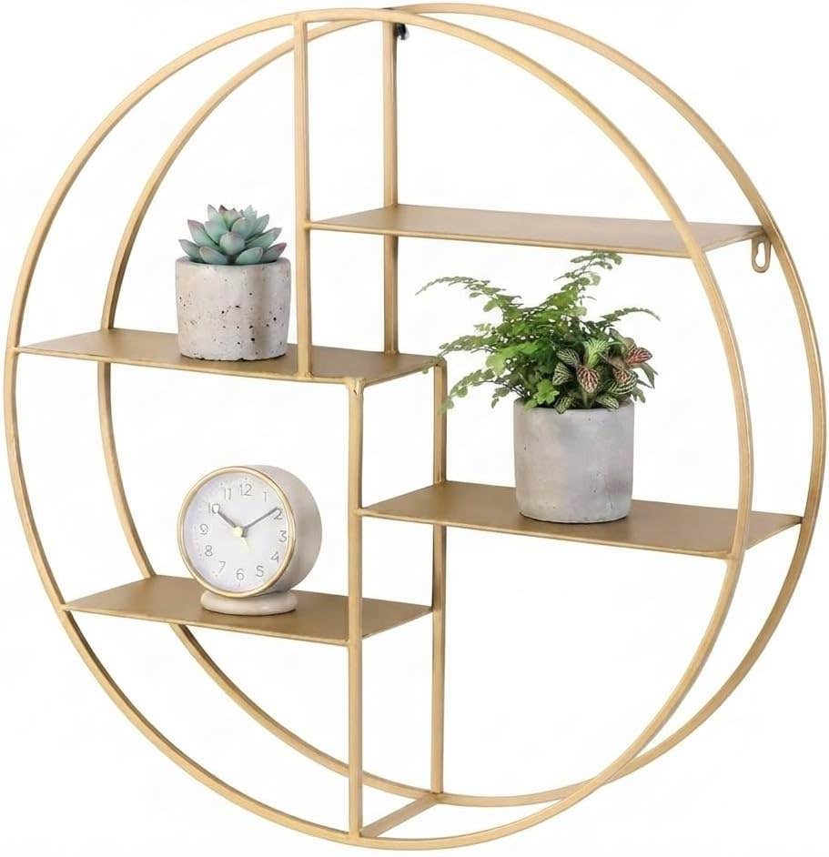 Geometric Gold Metal Floating Wall Shelf, Modern Decor Display Rack