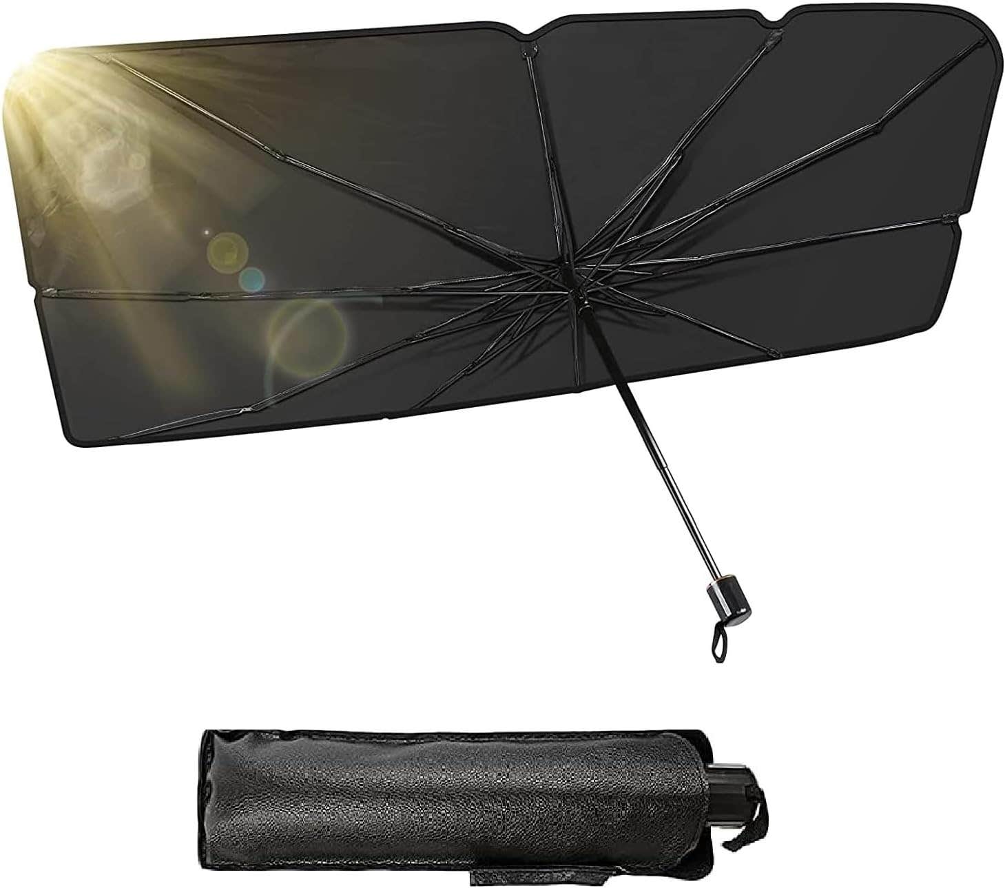 Foldable Car Sun Shade Umbrella | UV Protection | Black & Silver | Leather Material | Stellar Stores