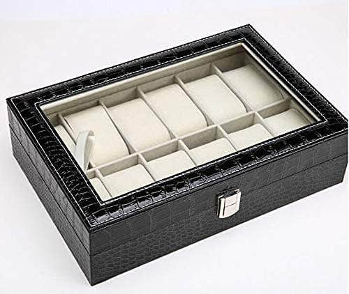 Watch Box Organizer Case,Leather With Glass Display Top Watch Box,12 Slot Large,Size-30cm x 20.2cm x 8cm,Black