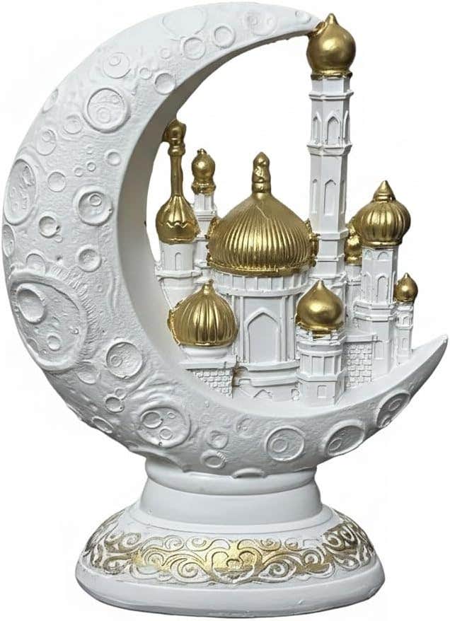 Islamic Crescent Moon & Mosque Tabletop Sculpture, Gold & White Ramadan Eid Decor