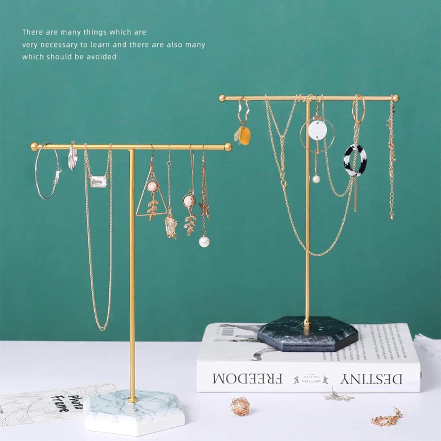 Jewelry Organizer Stand with Marble Base - T-Shaped Metal Necklace Display