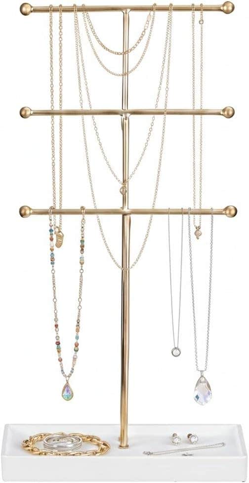 Golden Metal Jewelry Organizer Stand with Wooden Base - 3 Tier Necklace Bracelet Ring Holder