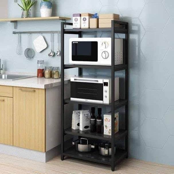 Black Kitchen Storage Unit with Adjustable Shelves - Multi-tier Standing Shelf