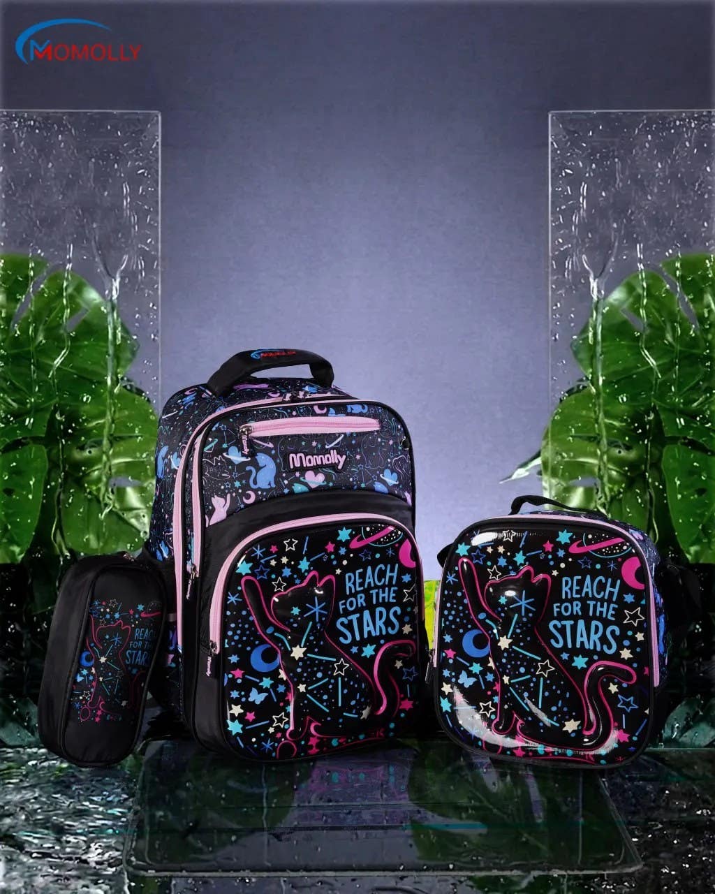 Black 3-Piece School Bag Set - Backpack, Lunch Box, Pencil Case - Waterproof Nylon