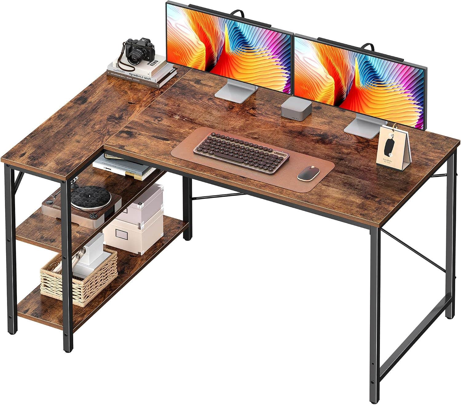 Huuger 47" L-Shaped Gaming Desk with Reversible Storage Shelves - Rustic Brown