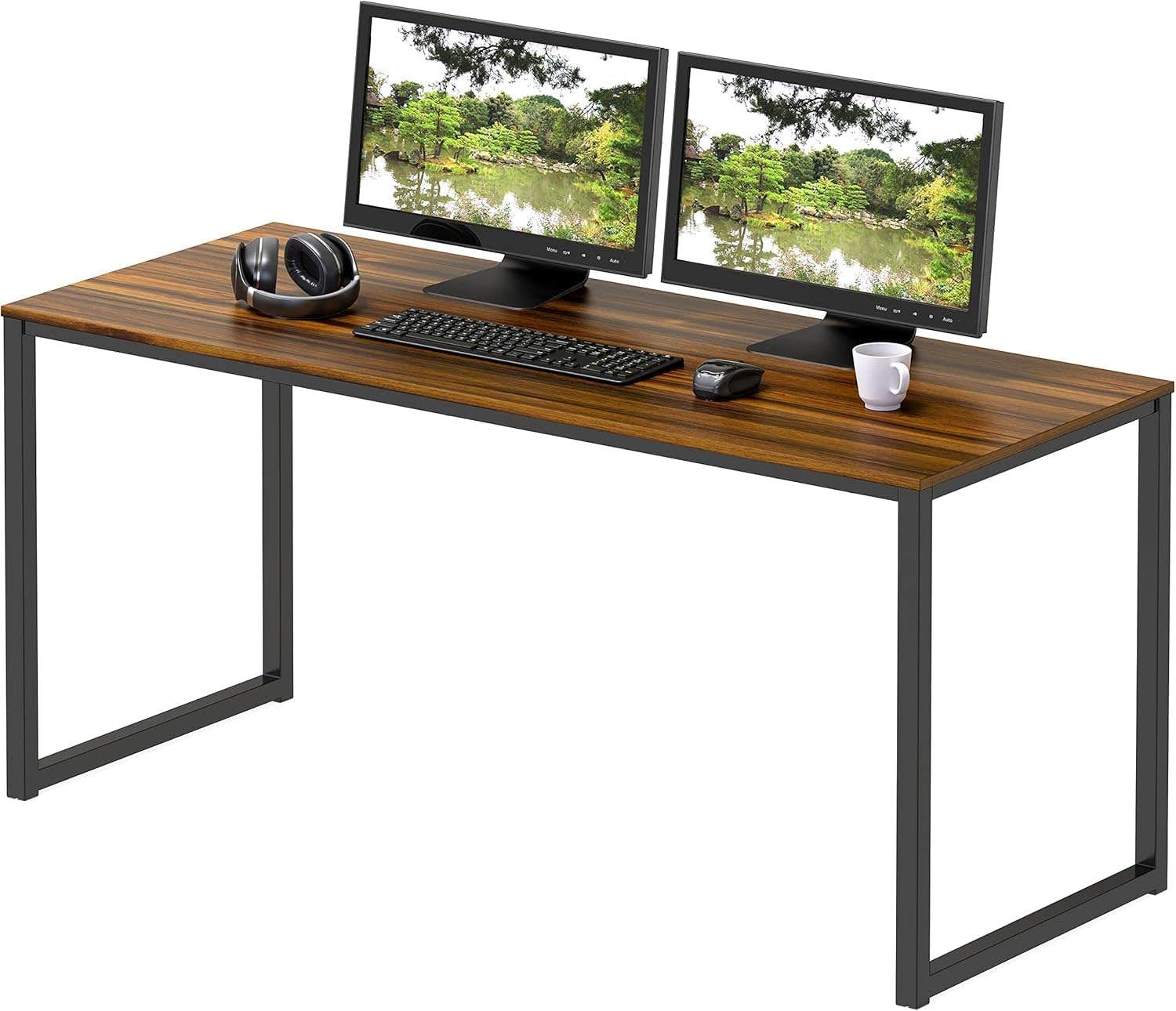 Modern Brown Wood Computer Desk with Black Metal Frame - Dual Monitor Workstation