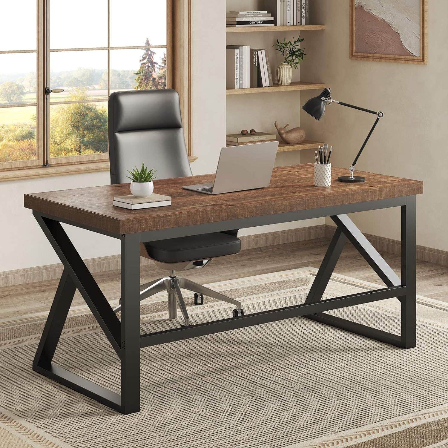 IBF Rustic Real Wood 55" Office Desk, Industrial Style, Adjustable, Brown