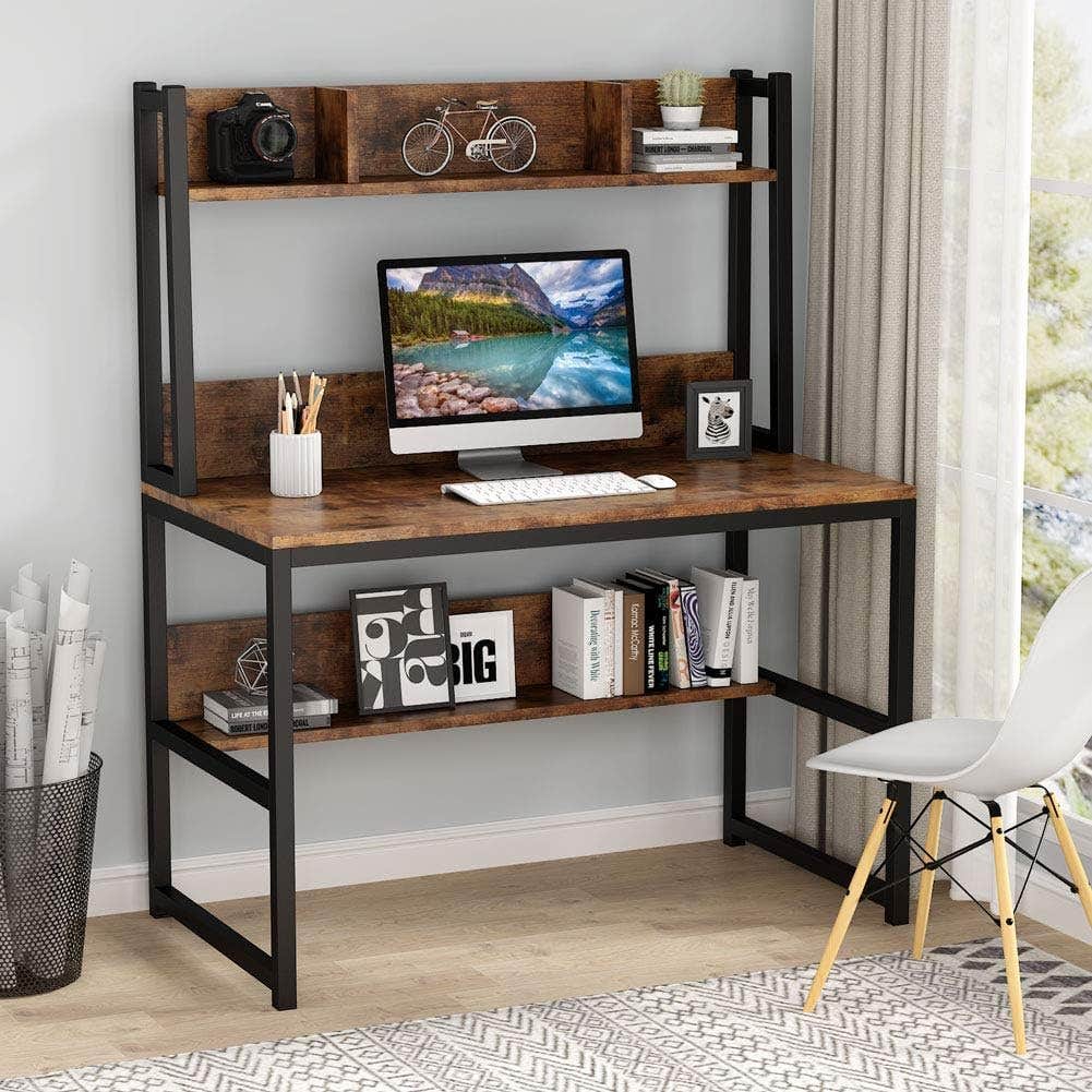 Tribesigns Computer Desk, Home Office Desk Study Desk with Hutch and Shelves for Small Space, 107cm x 50cm x140cm (Rustic Brown)
