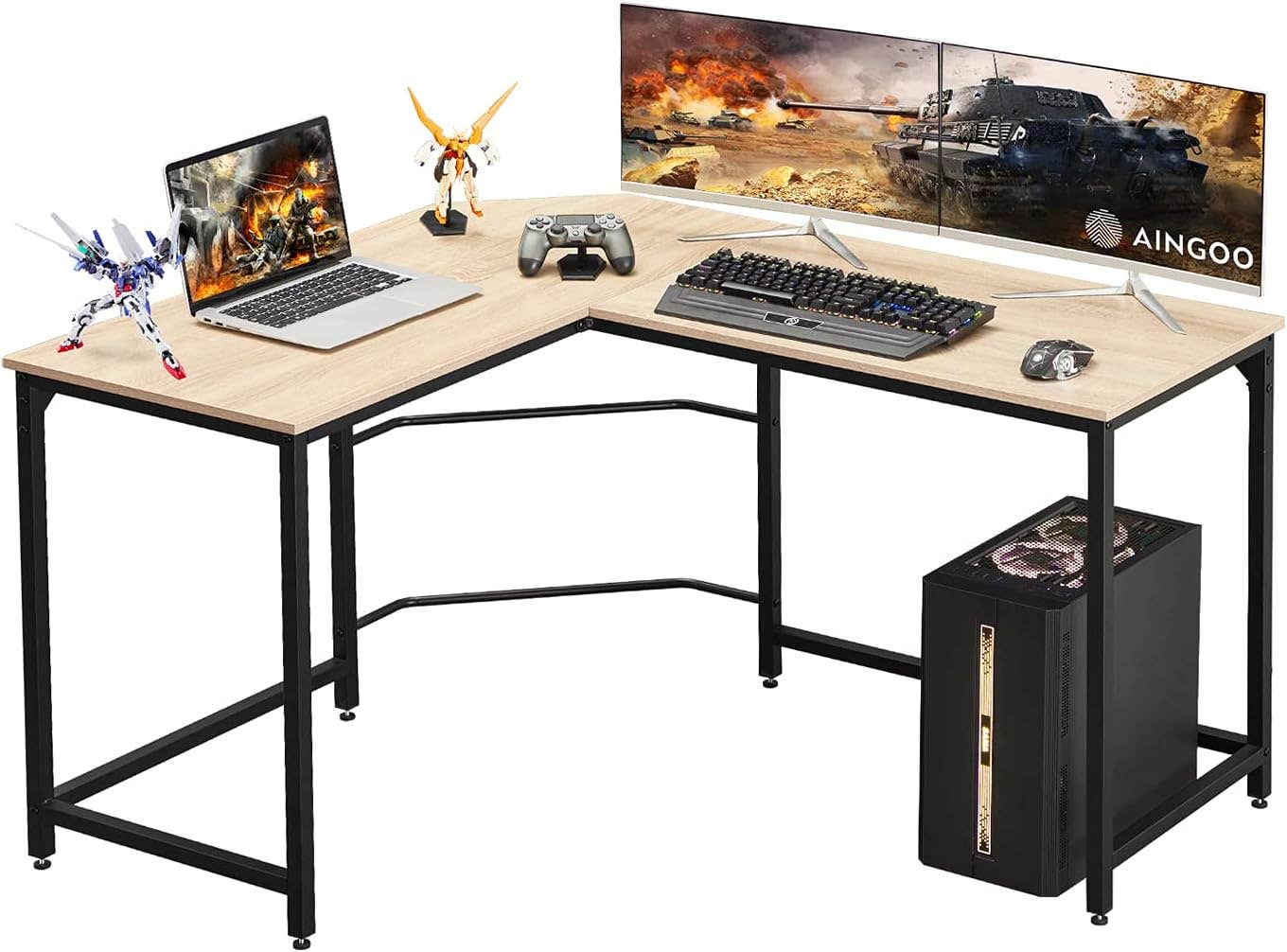 Aingoo L-Shaped Corner Desk | Sturdy Home Office, Gaming Computer Workstation | Beige | Easy Assembly