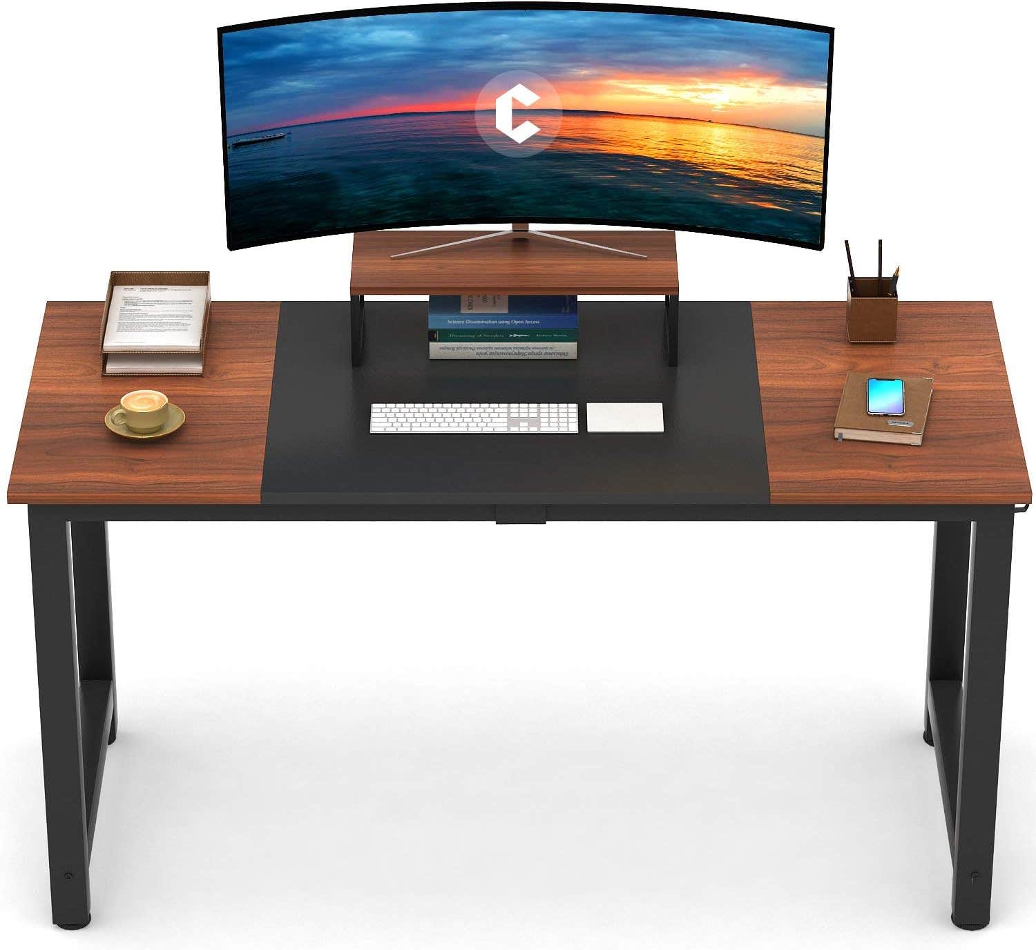 CubiCubi 55" Modern Computer Desk, Black Metal Frame, Study Writing Table