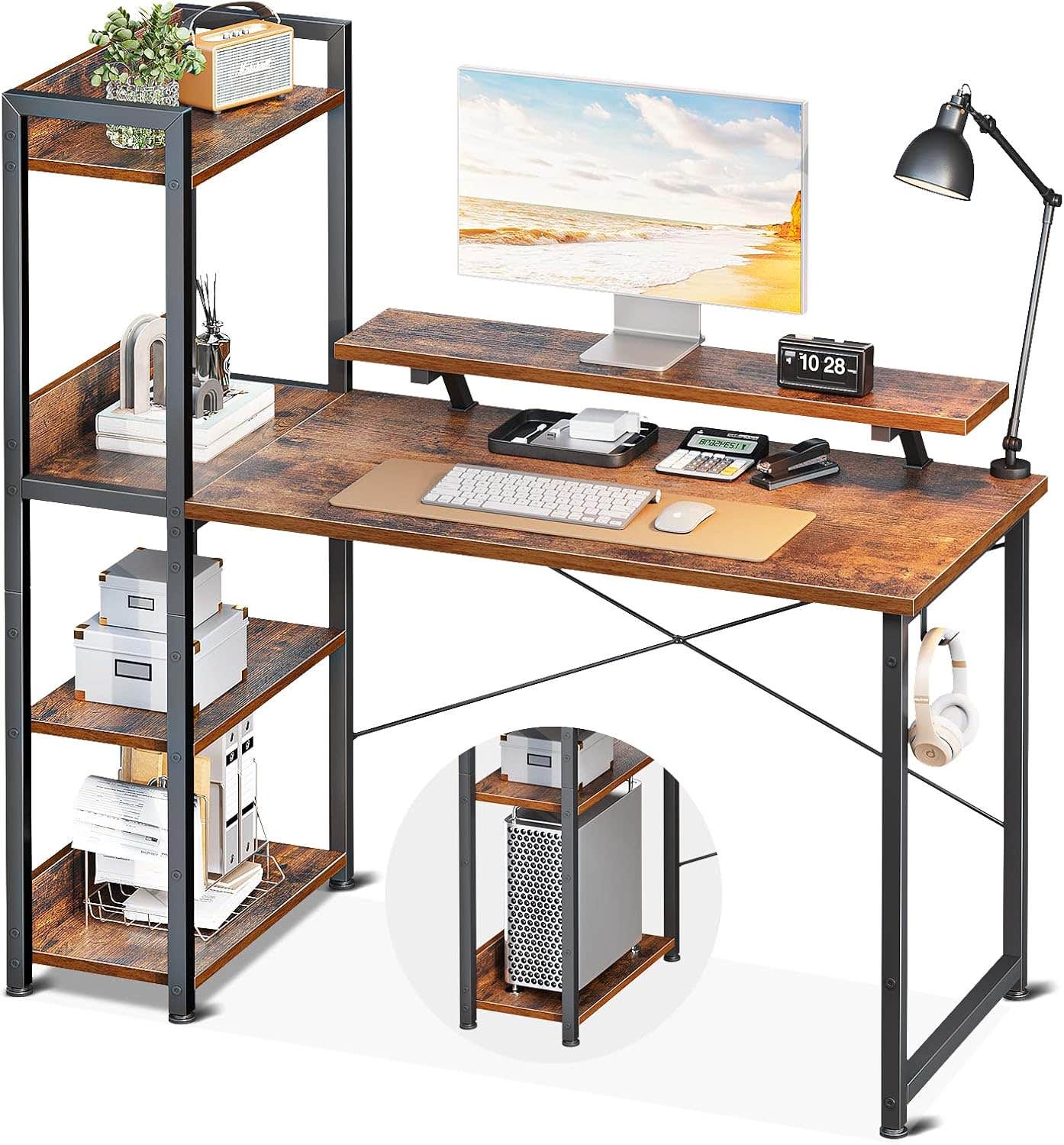 ODK Vintage Computer Desk with Storage Shelves and Monitor Stand, Reversible Writing Desk (Brown)