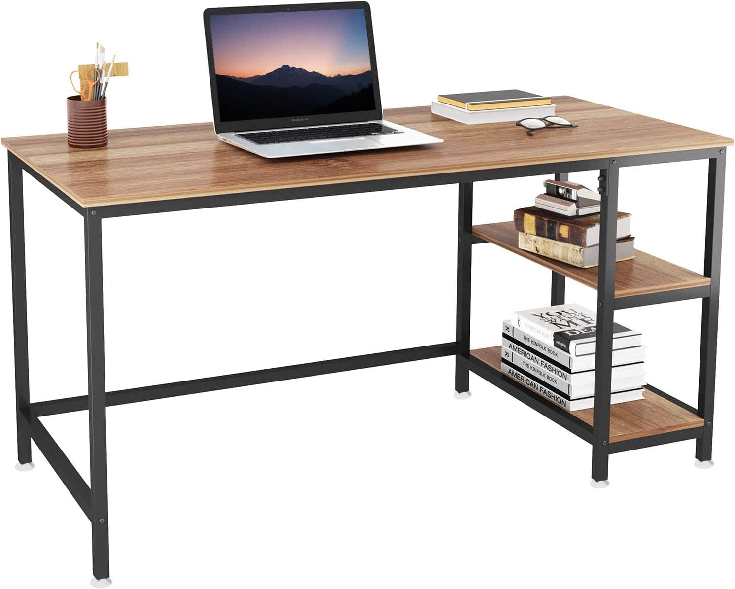 YOLEO 120cm Industrial Computer Desk with 2 Shelves - Walnut Brown