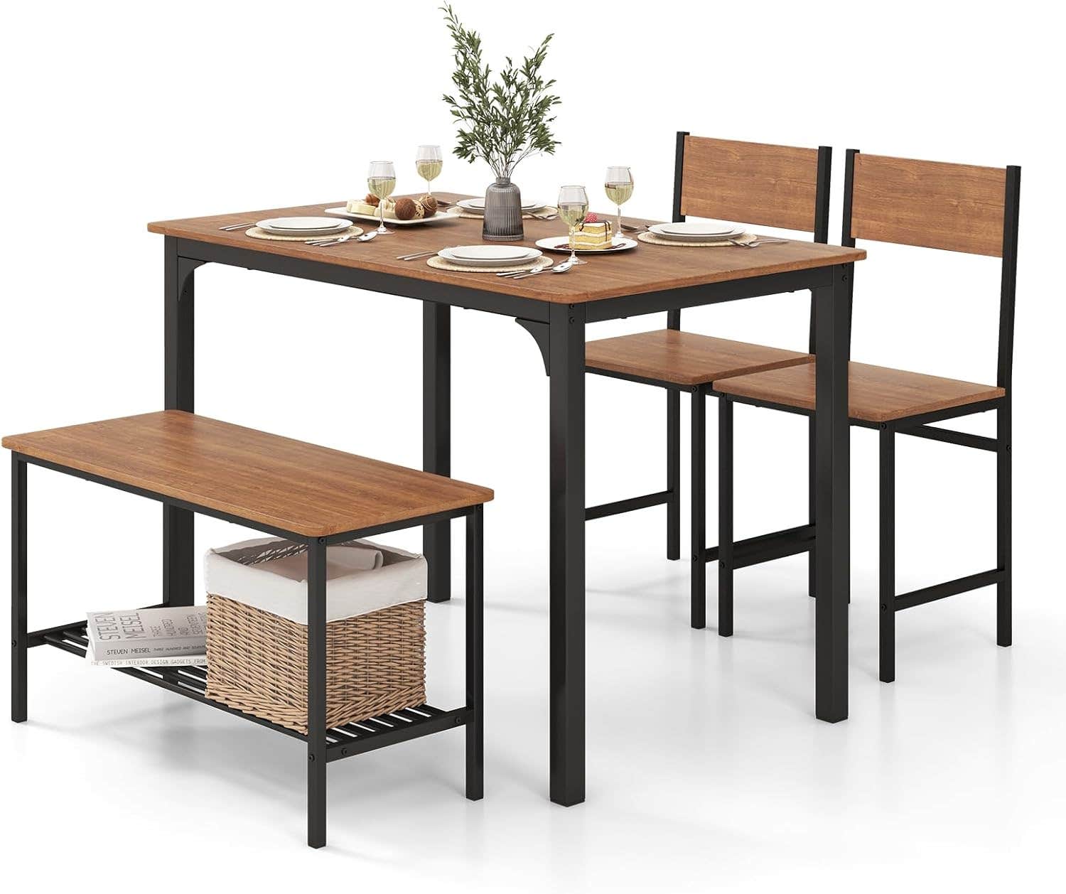RELAX4LIFE 4-Piece Dining Table Set with Bench & Storage Shelf, Industrial Design