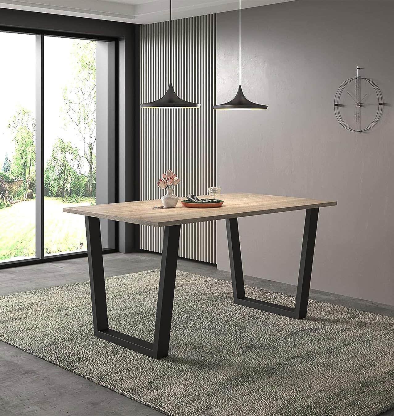 Hallowood Furniture Dudley Large 150cm Dining Table, Light Oak Effect Top, Black Metal Legs - Ideal for Home & Office