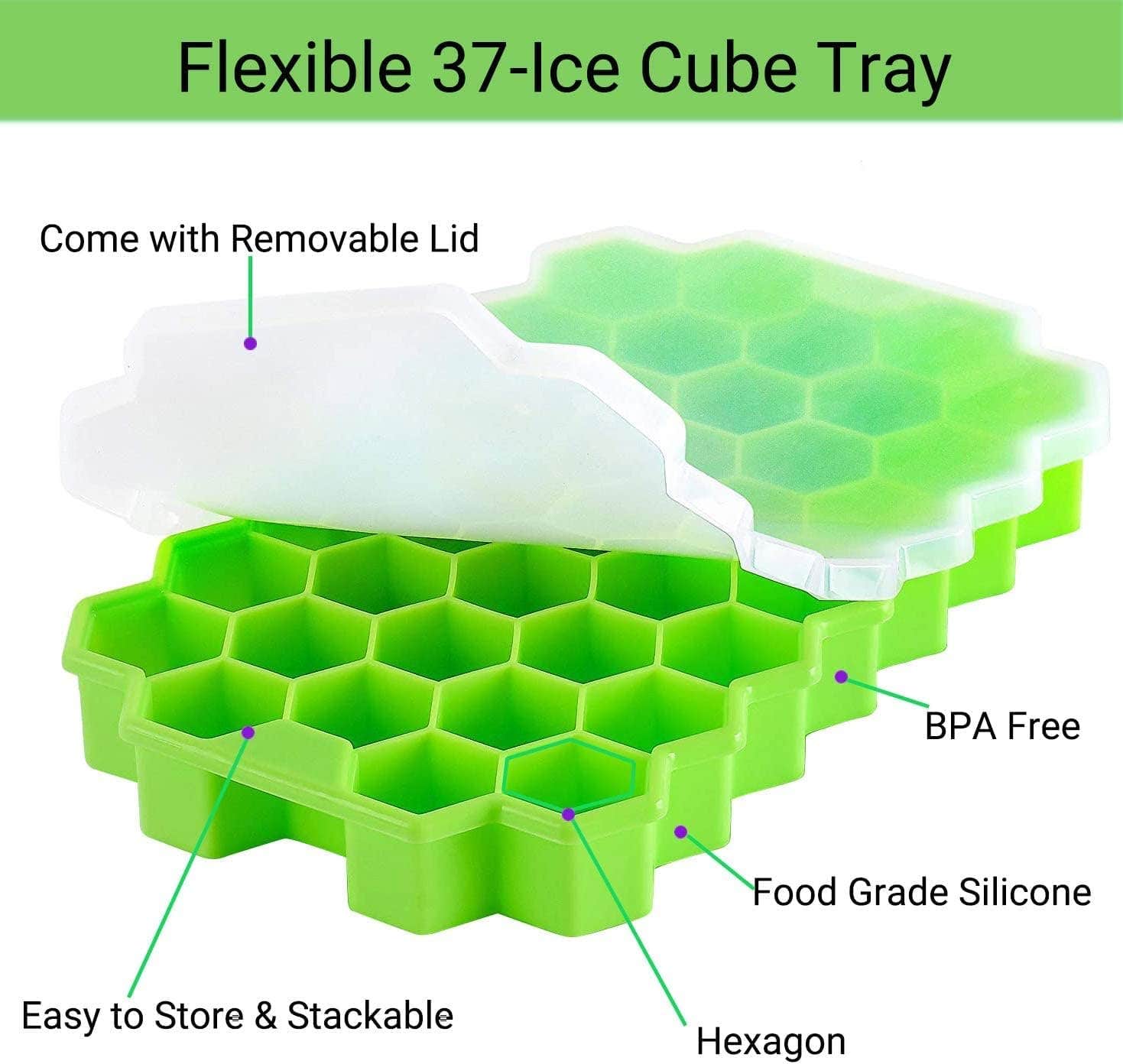 Shop Stoppers® 2 PIECE Silicone Ice Cube Tray Set - Honeycomb Shaped Flexible Ice Trays With Covers - BPA Free Silicone Ice Tray Molds With Removable Lid, Stackable Ice Cube Trays with Lids (SET OF 2) The color may vary depending on stock availability