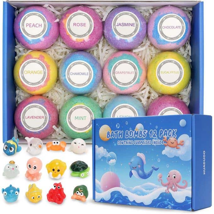 Kids Bath Bombs Gift Set with Surprise Sea Animal Toys - 12 Organic Handmade Fizzy Bath Bombs - Colorful Bubble Bath Kit