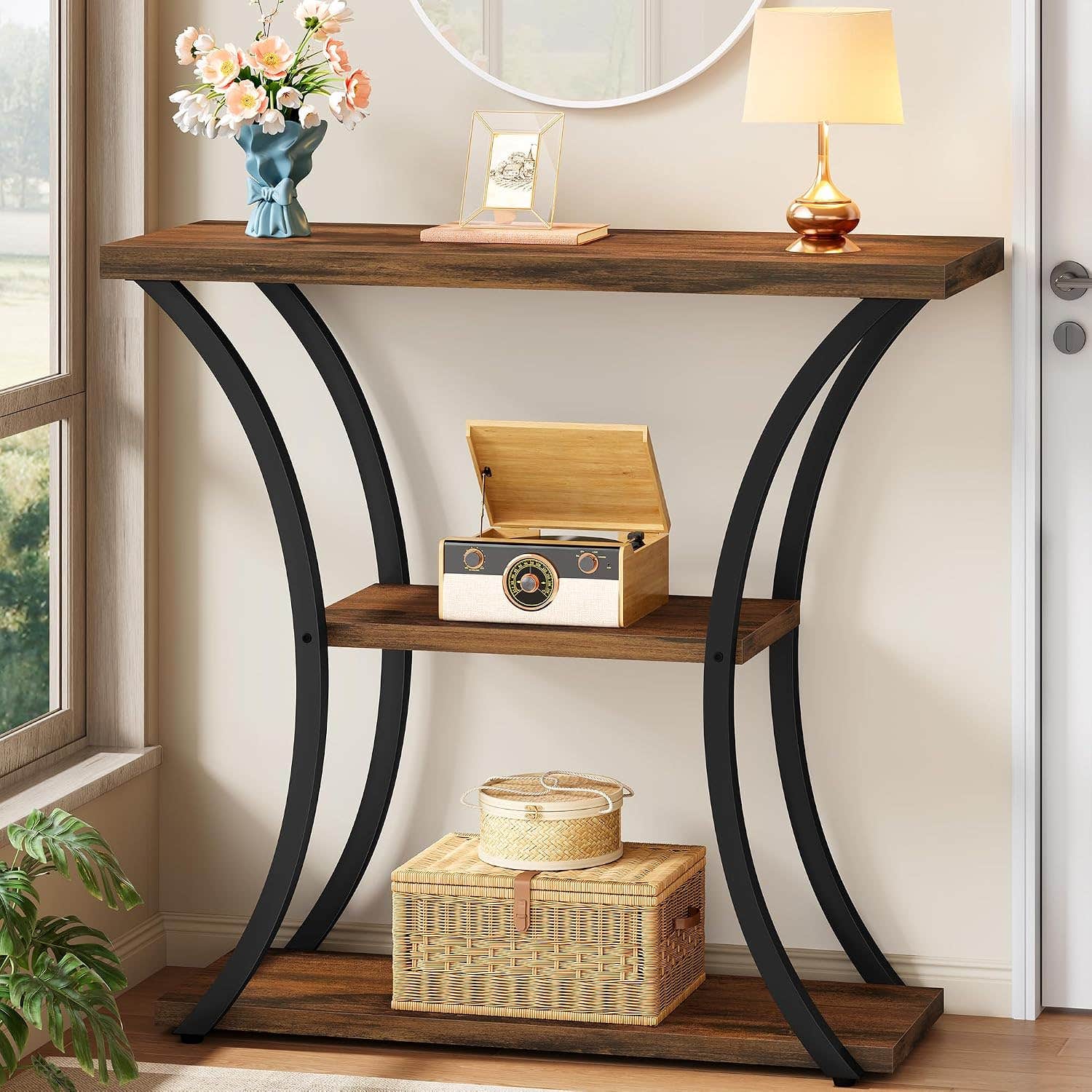 Hoctieon Console Table with 3 Shelves, Wood Frame, Curved Legs