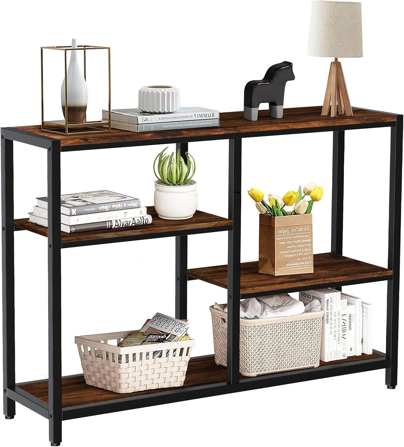 furduzz Console Table -41 Inch Narrow Entryway Table with 3-Tier Shelves, Industrial Sofa Table for Living Room,Front Hall, Hallway,Dinning Room,Kitchen, Bedroom,Coffee Bar,Rustic Brown Foyer Table