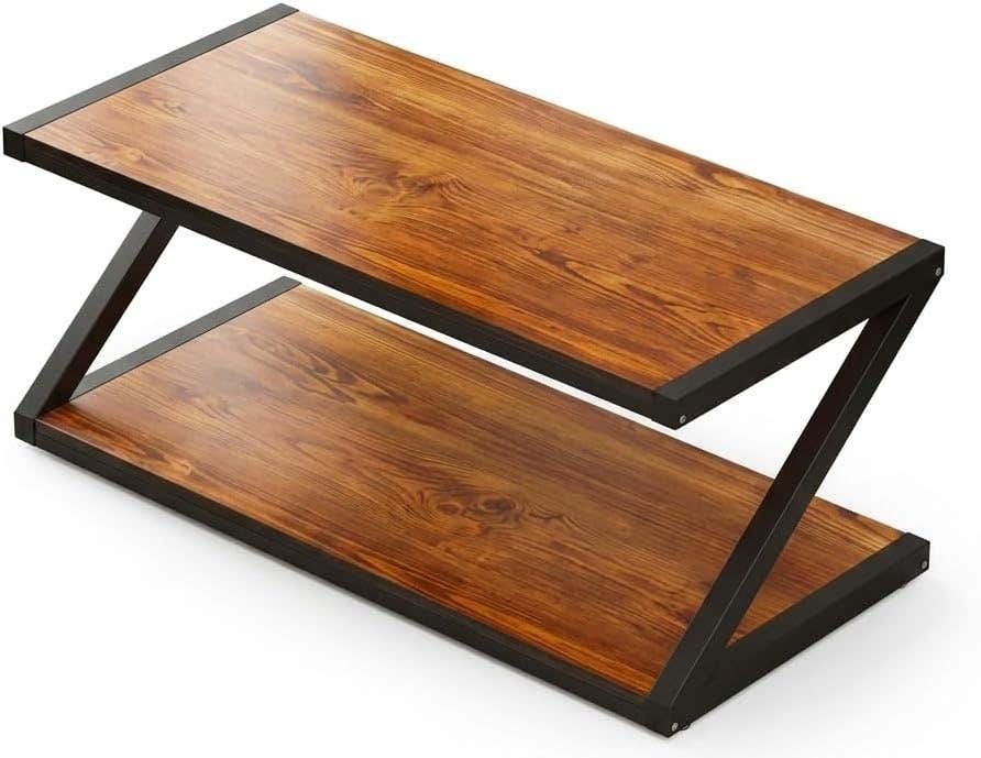 Industrial Coffee Table Z Shape Wooden Black Metal Frame 2-Tier Storage Table for Living Room