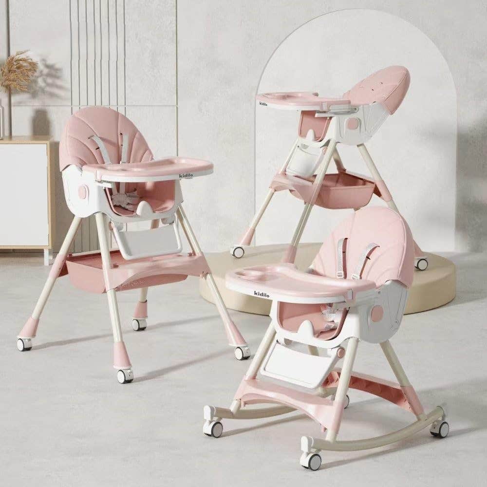Kidillo 6-in-1 Folding Highchair | Adjustable Tray & Reclining Baby Chair | Pink Polyurethane