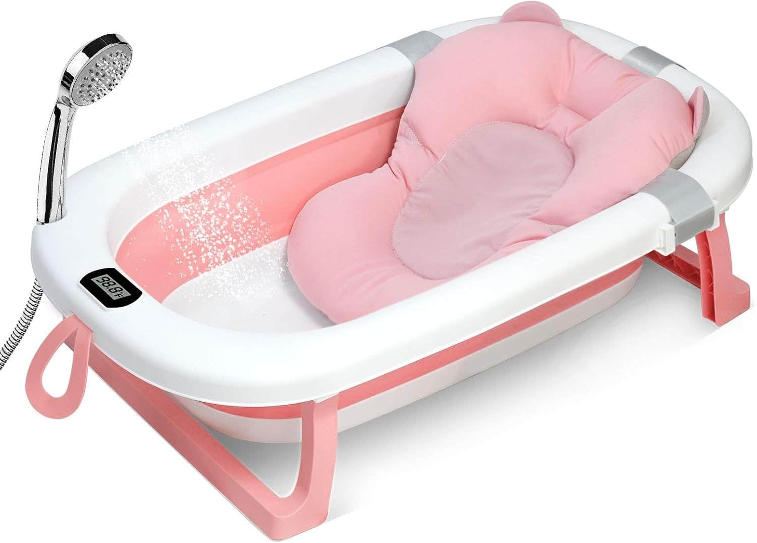 SKY-TOUCH Foldable Baby Bath Tub with Thermometer & Drain Hole, Pink
