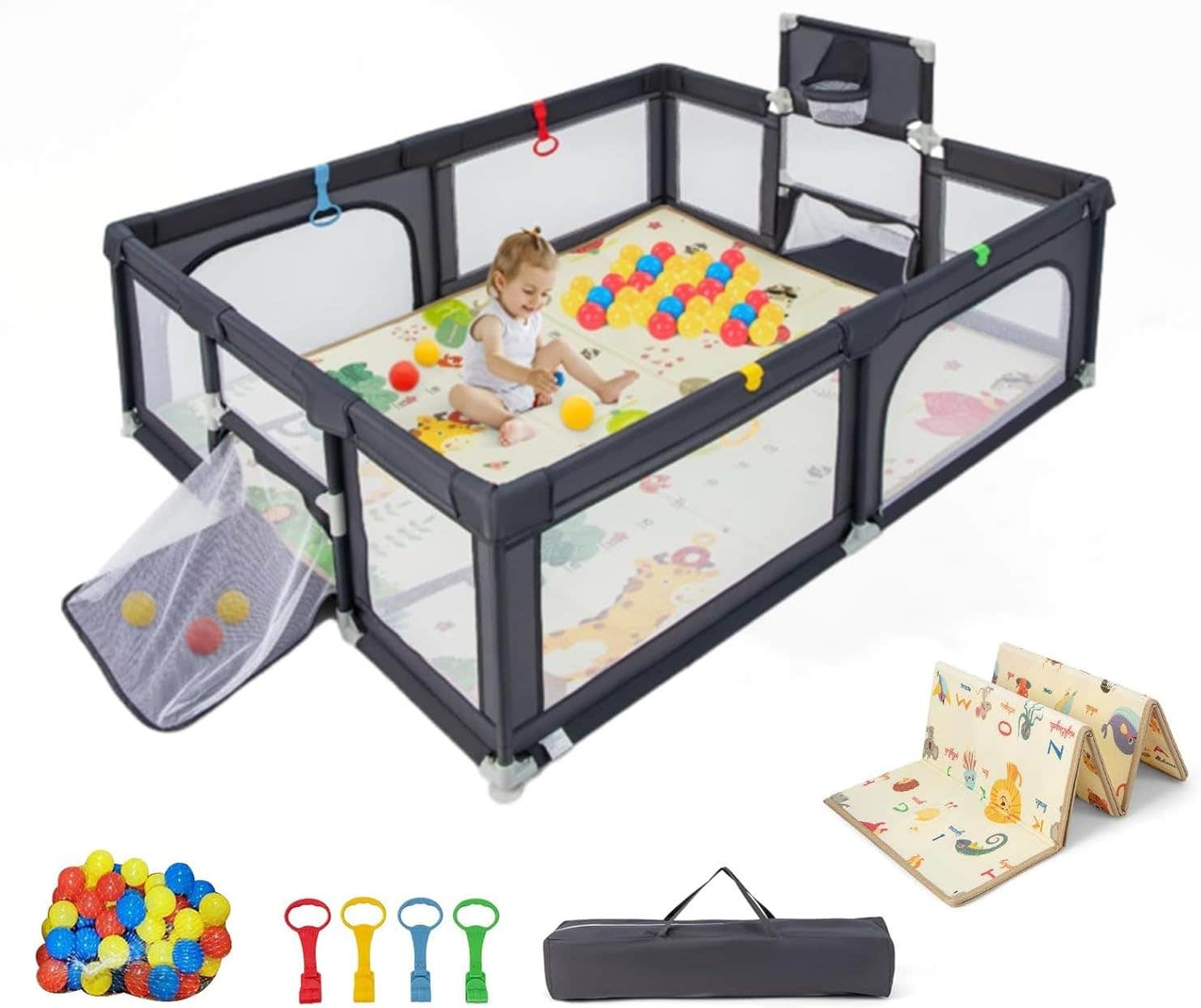 GOPLUS Large Portable Baby Playpen with Mat, Balls, Rings, Fence - Dark Grey
