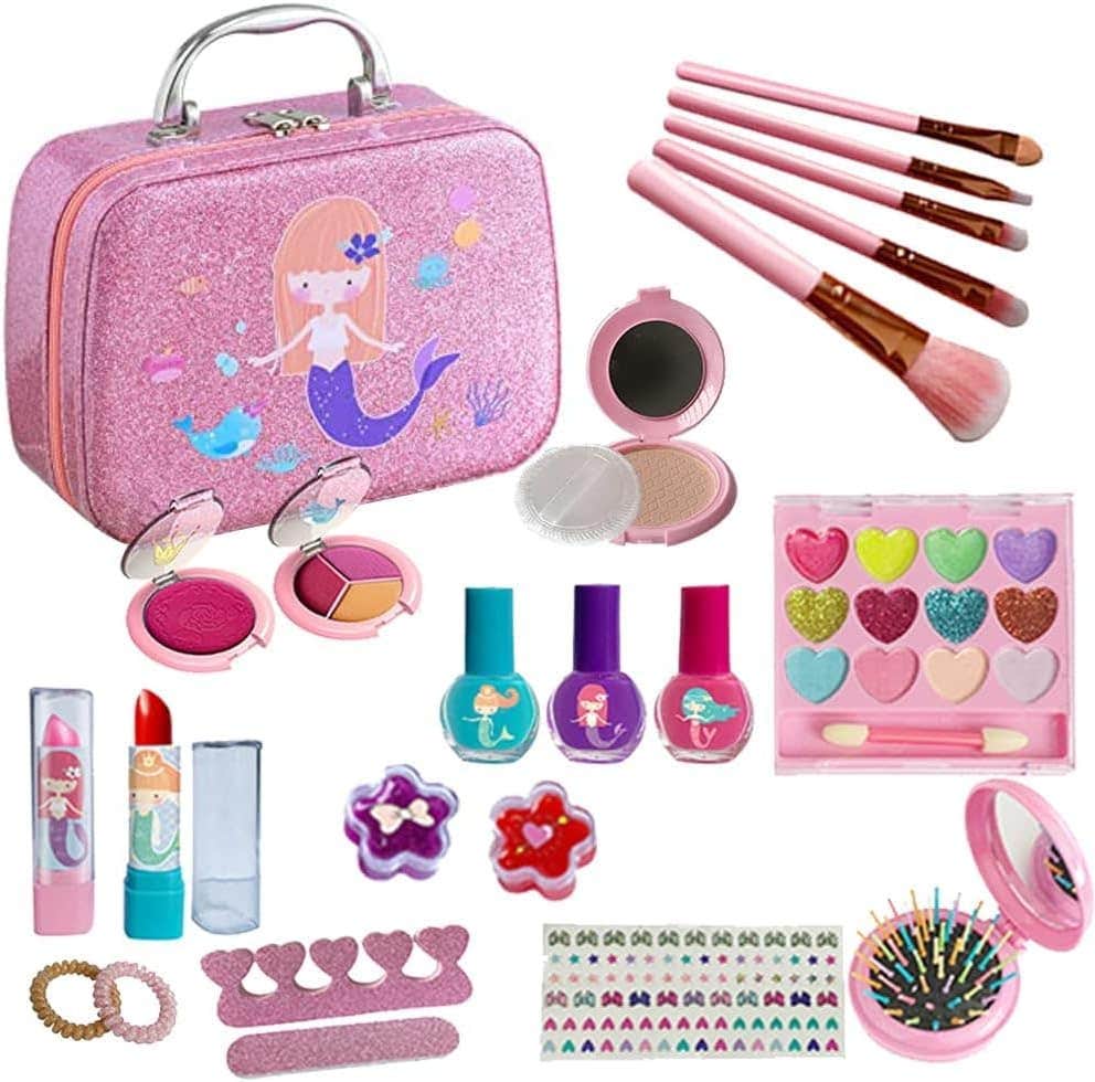 Kids Washable Makeup Set with 21 Pieces - Non-Toxic Beauty Kit for Girls, Crown Bag Included