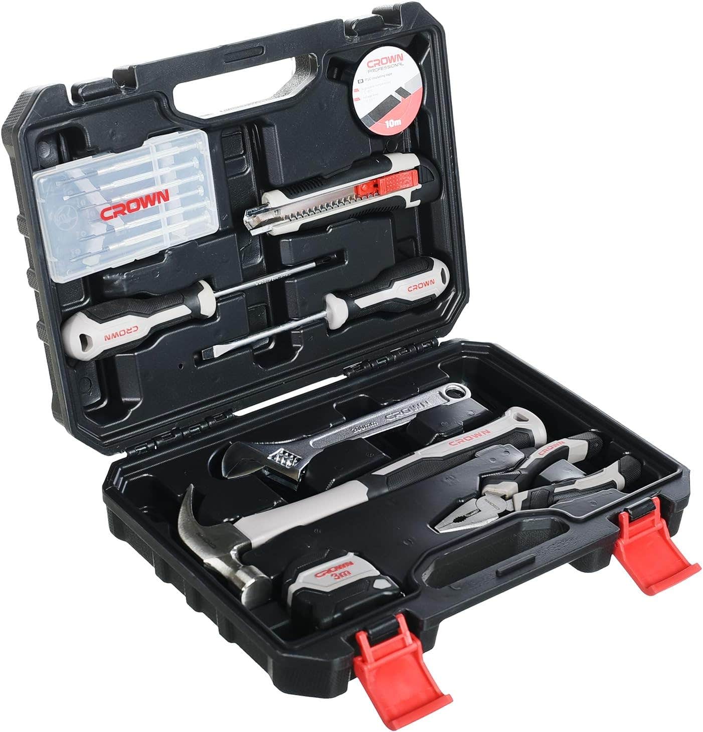 CROWN 14-Piece Hand Tool Set with Plastic Case - Professional Toolkit for Home & Work