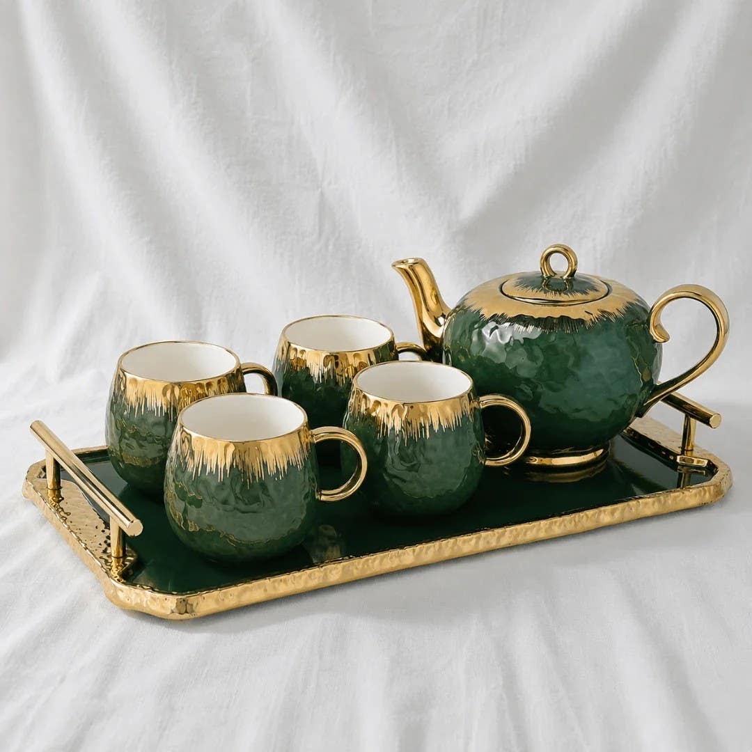 Serene Botanical Green Ceramic Tea Set with Teapot and Tray - Elegant Drinkware