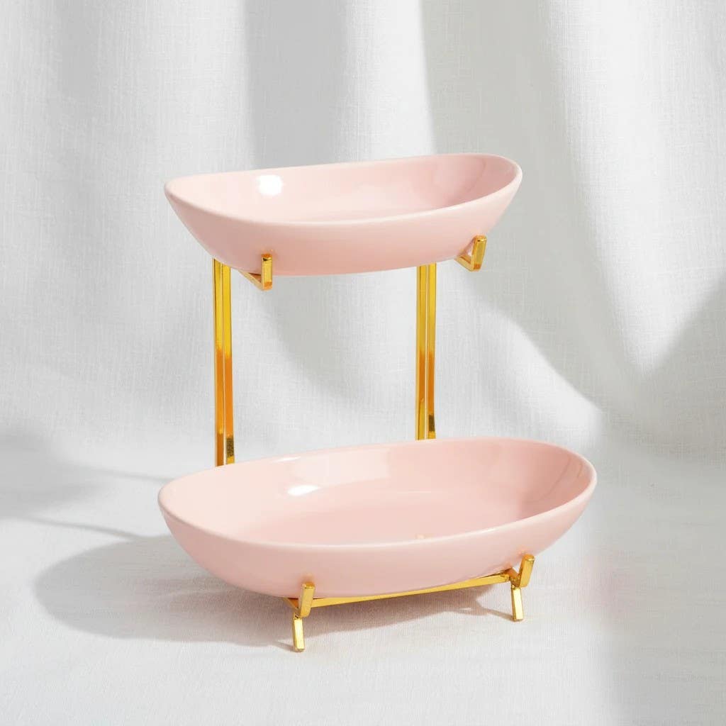 Elegant Blush Pink 2-Tier Serving Plate with Lid & Metal Holder