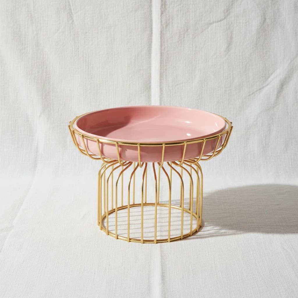 Elegant Pink Porcelain Fruit & Dessert Display Plate with Luxury Gold Stand (25cm)