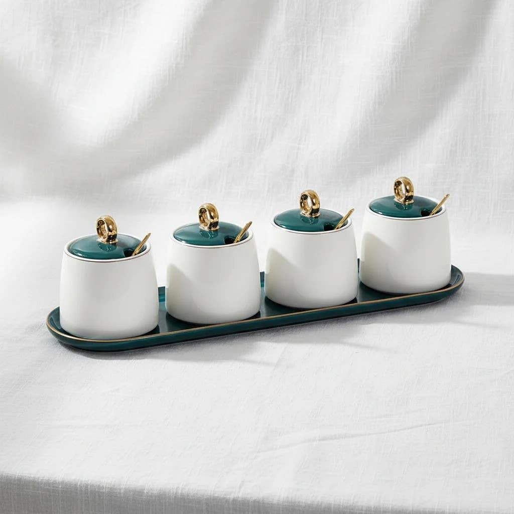 White/Green Spice Set With Lid 4Pcs