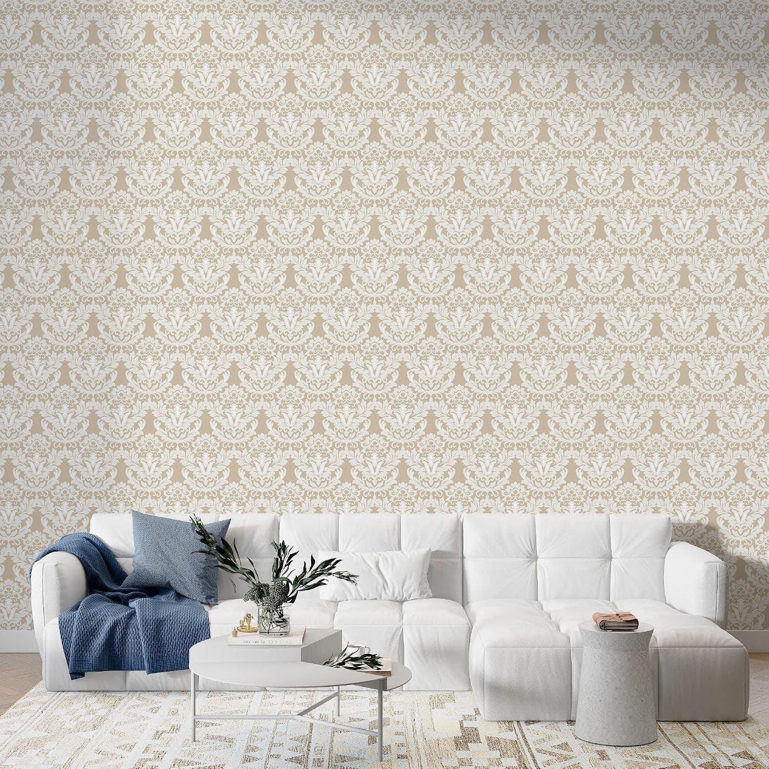 Home Gallery Toscana Beige Peacock Ogee Fabric Wallpaper - 4.2mX3m Coverage with Adhesive