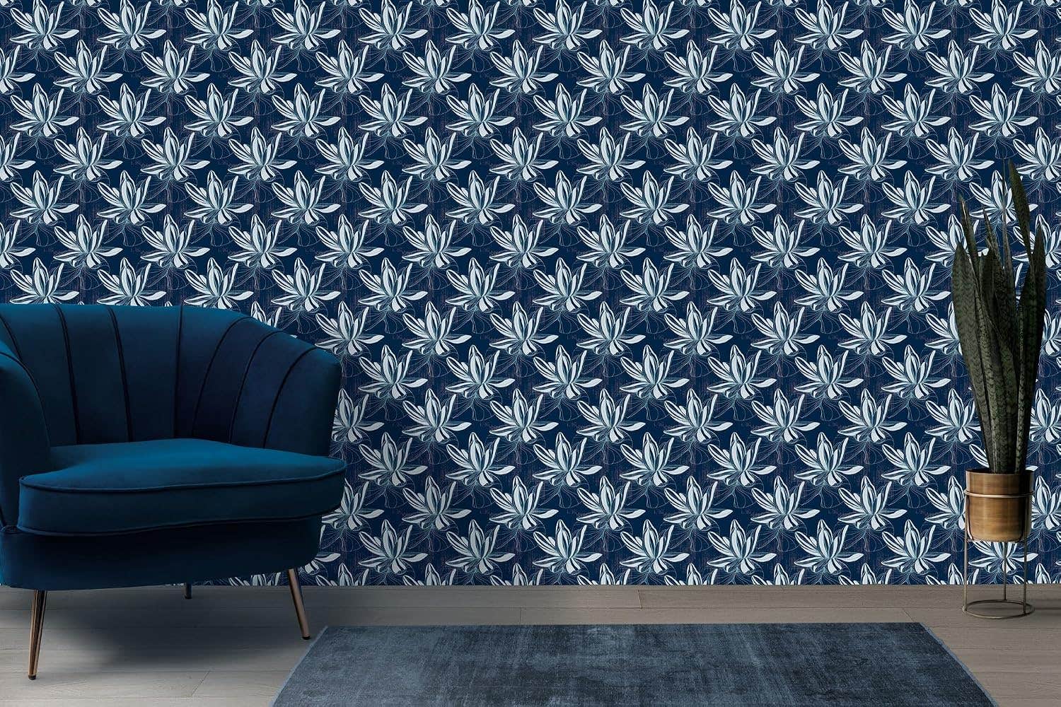 Home Gallery Blue Floral Fabric Wallpaper - 4.2mX3m Coverage - Adhesive & Smoothing Tool