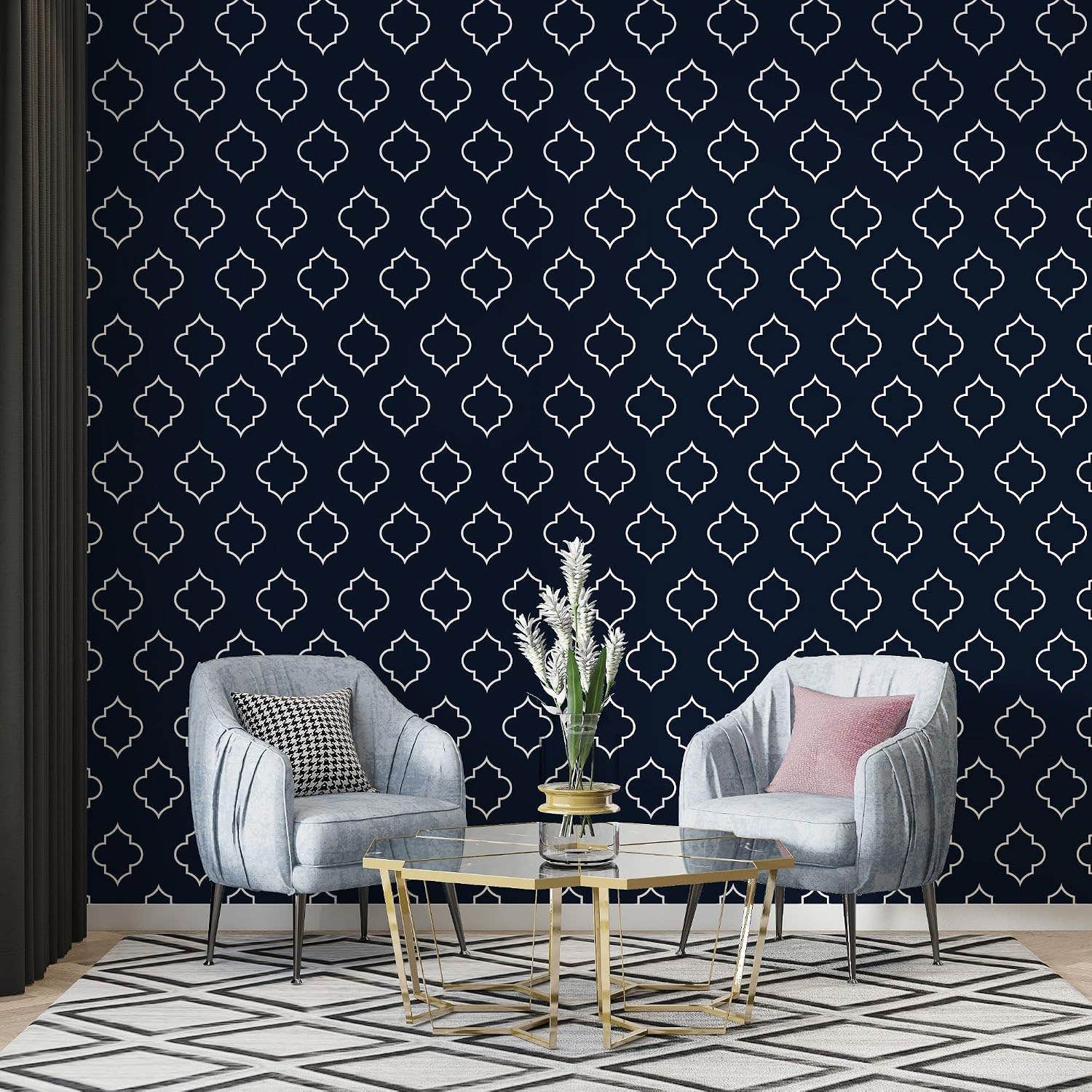 Blue Geometric Fabric Wallpaper | Home Gallery | 4.2mX3m Coverage | Adhesive & Smoothing Tool