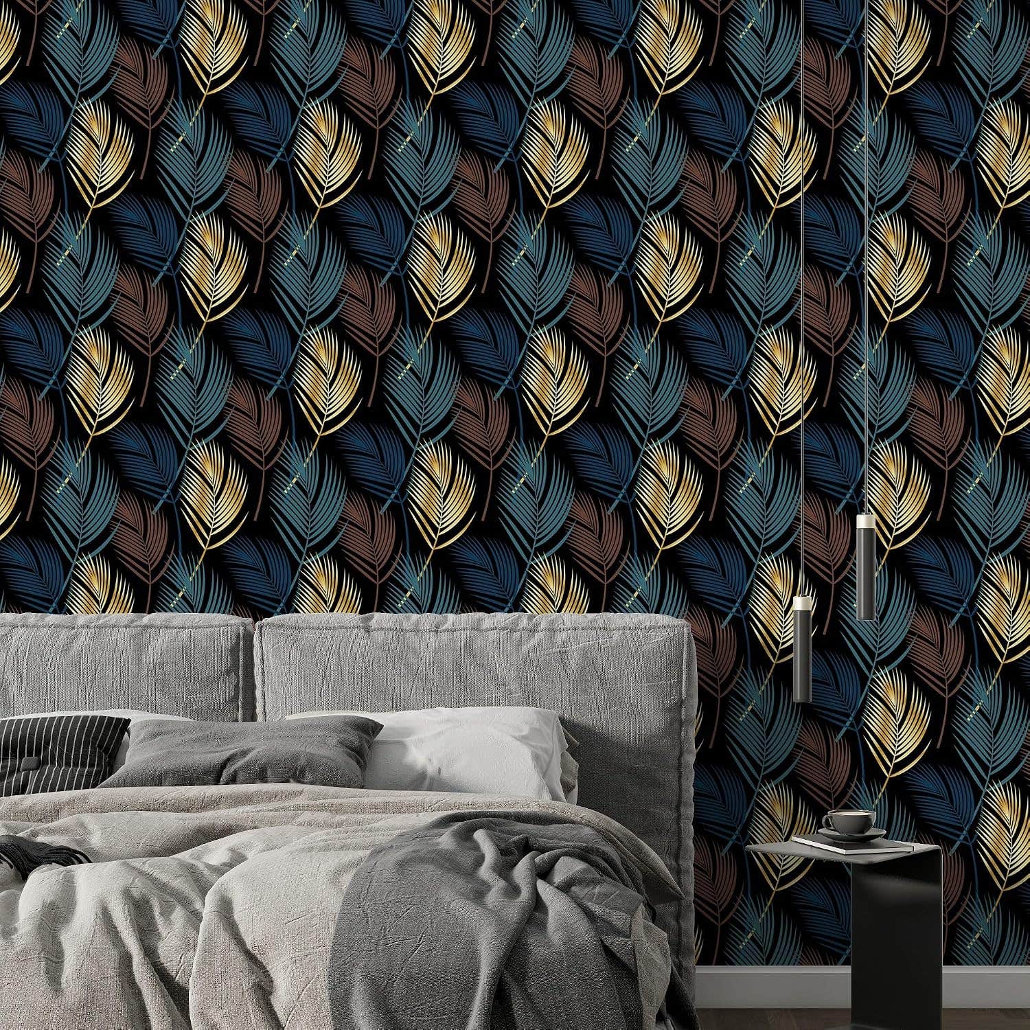 Home Gallery Palm leaves on a black a seamless pattern Fabric Wallpaper Covers an area up to 4.2mX3m with adhesive and smoothing tool