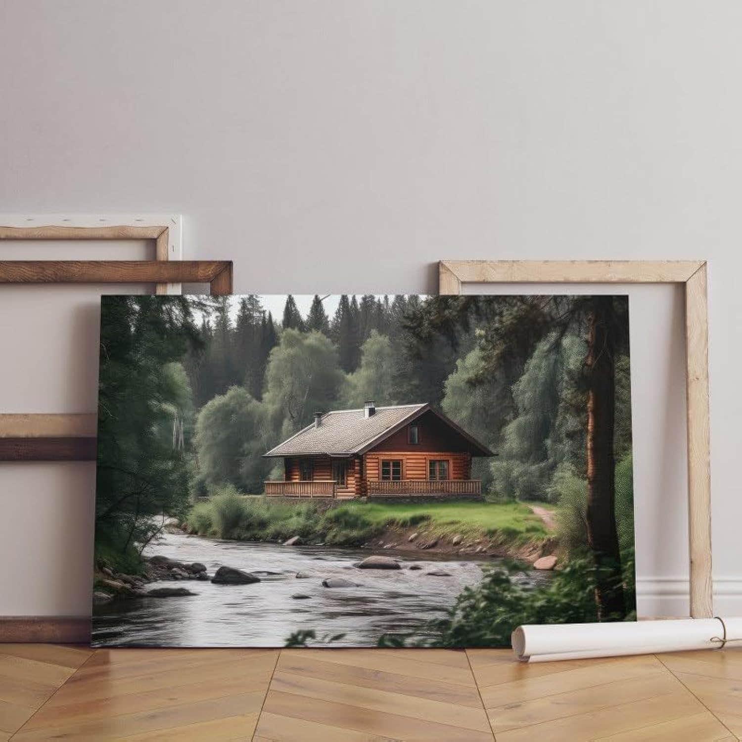 Home Gallery Inspiring view log cabin from forest with the river background Printed canvas wall art 60x40