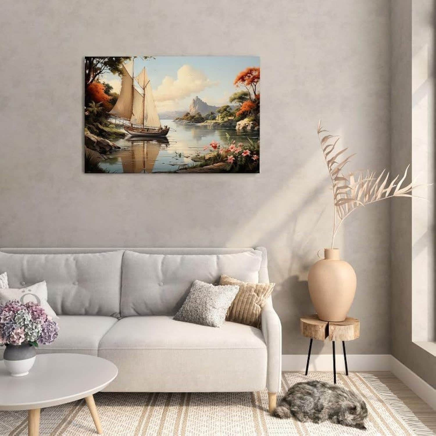 Home Gallery "Riverscape with Sailboat and Forest"Printed canvas wall art 60x40 cm
