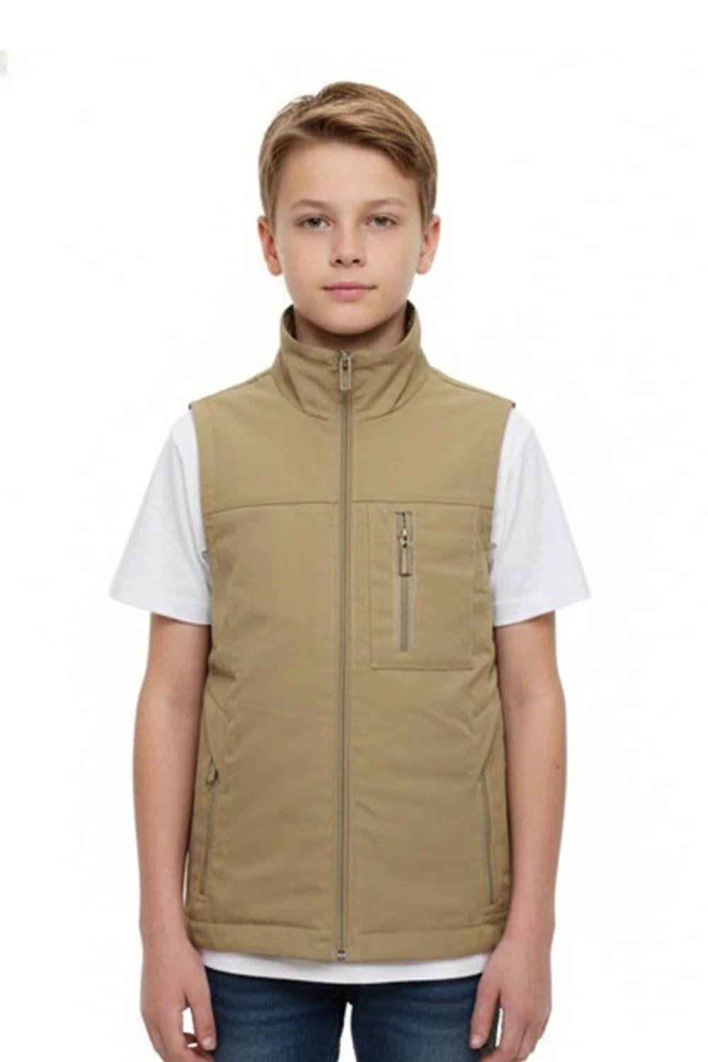 CAESAR Boy's Gabardine Vest Jacket with Front Pockets | Beige